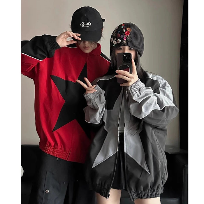 Spring Bomber Jacket Men Women Vintage Star Pattern Harajuku Y2k Windbreaker Coat Streetwear Zipper Patchwork Outerwear Unisex