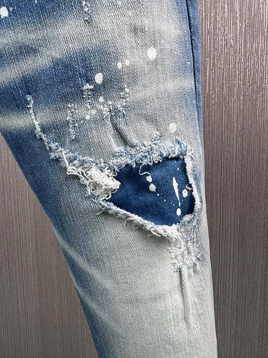 new brand dsq Men Jeans Badge Printed dsq Coolguy Beggar Denim Long Pants Straight Pockets Hole Zipper Button blue jeans pant