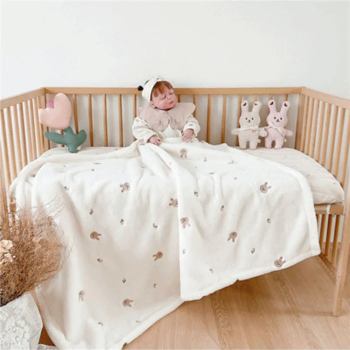 Baby Blanket Soft Fleece Cartoon Bear Embroidery Infant Quilt Blanket Newborn Baby Swaddle Sleeping Blanket Stroller Blanket