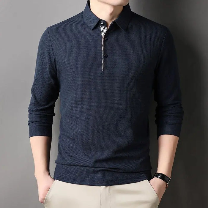 Men Fashion Long Sleeve Solid Casual Polo Shirts Spring Autumn Loose Streetwear Male Clothes Lapel Plaid Business Office Tops