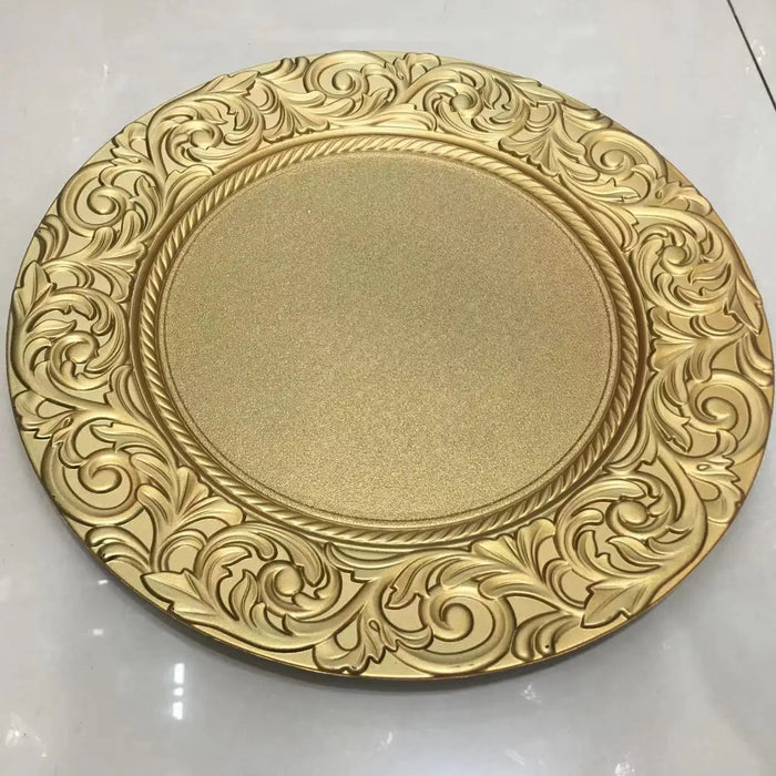 6pcs Plastic Gold Charger Plates 13" Round Patterned Placemat Dinner Serving Tray Wedding Christmas Decor Table Place Setting