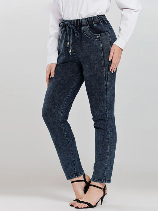 LIH HUA Women's Plus Size Jeans Autumn Chic Elegant Jeans For Chubby Women Cotton Knitted Jeans