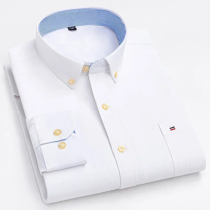 2023 Oxford Men Fashion 100% Cotton Thin Long Sleeve Casual Slim Solid Color Plaid Print Stripe Formal Dress Shirt Plus 7XL 6XL