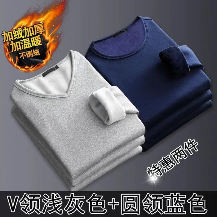 2Pcs Mens Underwear Winter Men's Long-sleeved Thermal Underwear Plus Velvet Padded T-shirt Round Neck Slim Bottoming Shirt