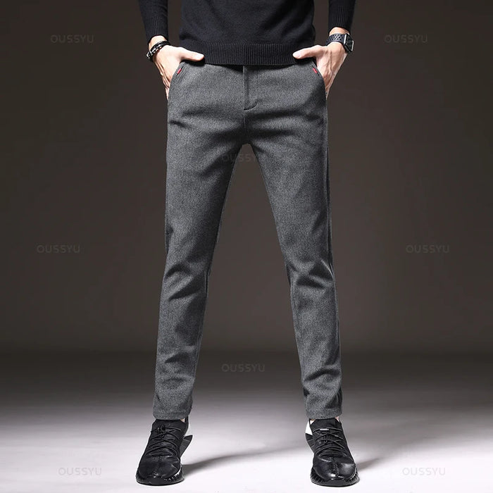 Four Seasons Men's Brushed Fabric Casual Pants Business Fashion Slim Fit Stretch Thick Gray Blue Black Cotton Trousers Male