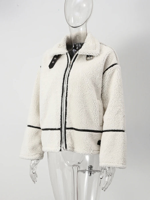 Fashion Patchwork Furry Jacket For Women Gentle Panelled Thick Warm Lambswool Fleece Coat New Fashion Zipper Pocket Lady Outwear