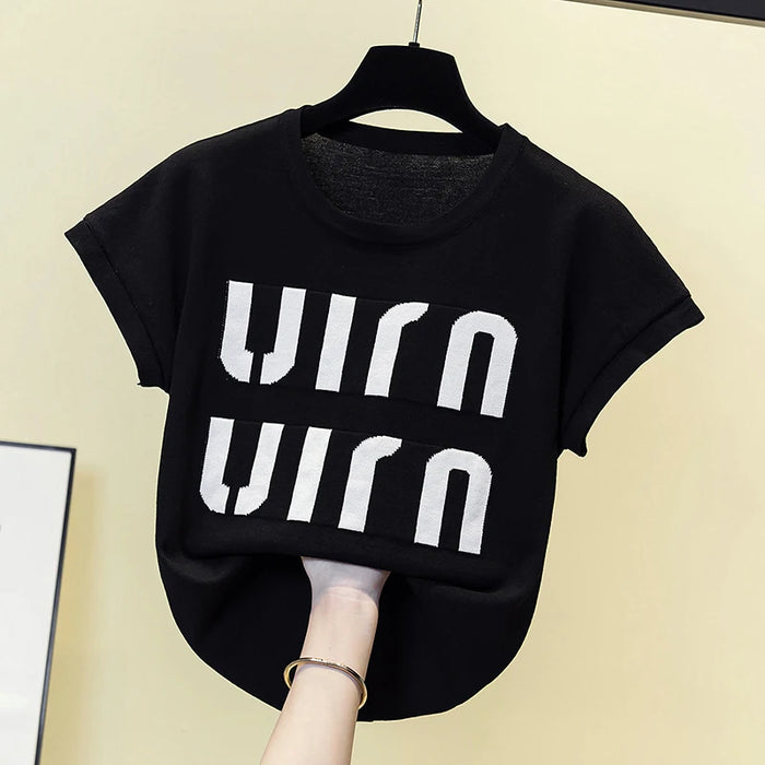 Summer Plus Size Women Pullover Sweater Thin Rib Knitted Female Letter Print Tops Oversize Jumper Short Sleeve Sueters De Mujer