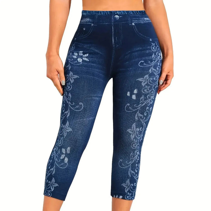 Plus Size Sports Leggings, Women's Plus Denim Print & Floral High Rise Skinny Slight Stretch Capri Leggings