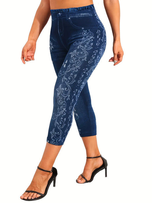 Plus Size Sports Leggings, Women's Plus Denim Print & Floral High Rise Skinny Slight Stretch Capri Leggings