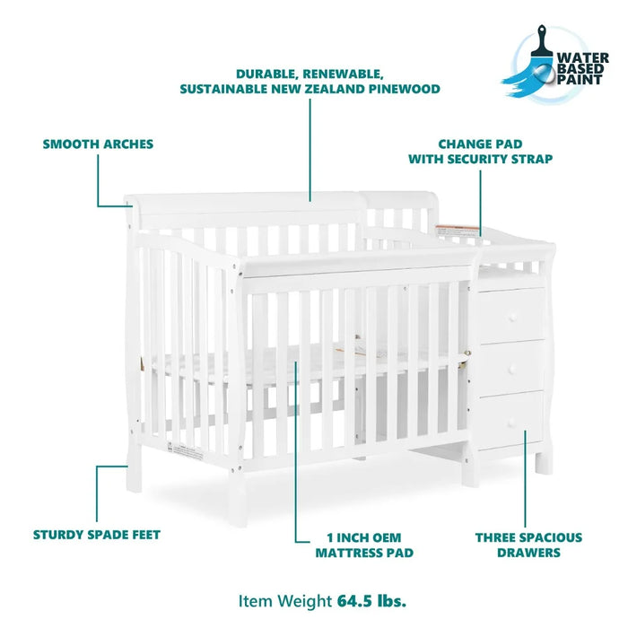 2023 New 4-in-1 Mini Convertible Crib and Changer in White,Non-Toxic Finish, New Zealand Pinewood