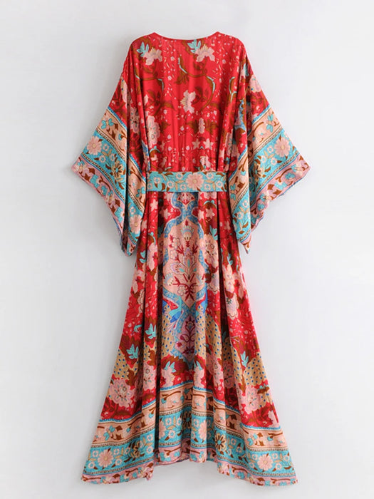 Vintage chic women red floral print bat sleeve beach Bohemian dresses Kimono  Ladies V neck sashes Boho maxi dress vestidos