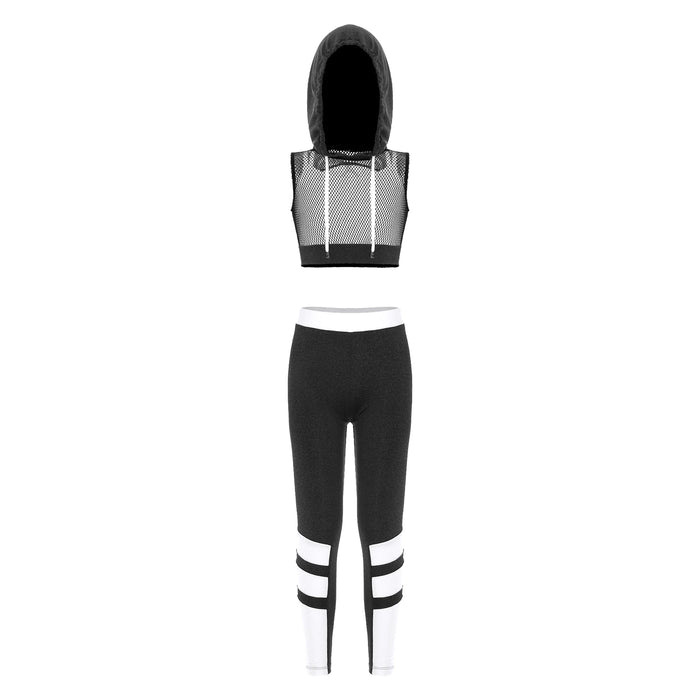 Girls Hip Hop Dance Sports Sets Kids Hooded Net Cover Up Crop Tops Vest And Pants Suit Fashion Jazz Modern Street Dance Costumes