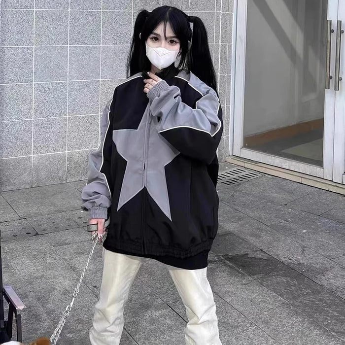 Spring Bomber Jacket Men Women Vintage Star Pattern Harajuku Y2k Windbreaker Coat Streetwear Zipper Patchwork Outerwear Unisex
