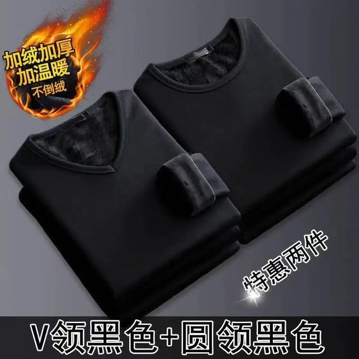 2Pcs Mens Underwear Winter Men's Long-sleeved Thermal Underwear Plus Velvet Padded T-shirt Round Neck Slim Bottoming Shirt