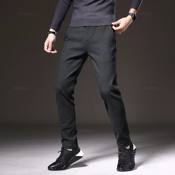 Four Seasons Men's Brushed Fabric Casual Pants Business Fashion Slim Fit Stretch Thick Gray Blue Black Cotton Trousers Male