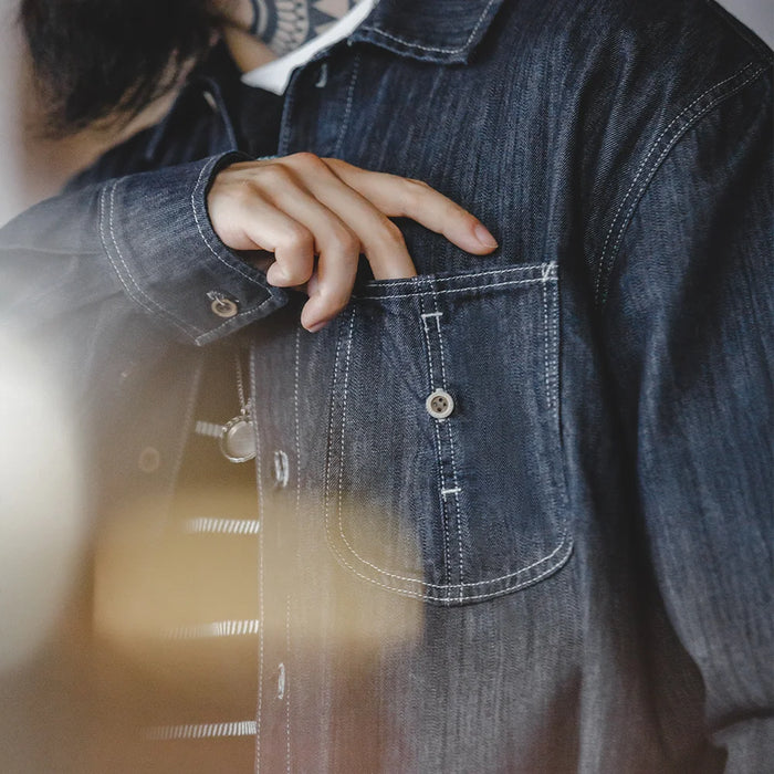 Maden 2023 Vintage Large Pockets Washed Denim Shirt Men's Casual 240g Button Down Long Sleeve Shirts Amekaji Loose Workwear Tops