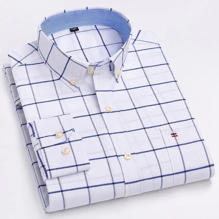 2023 Oxford Men Fashion 100% Cotton Thin Long Sleeve Casual Slim Solid Color Plaid Print Stripe Formal Dress Shirt Plus 7XL 6XL