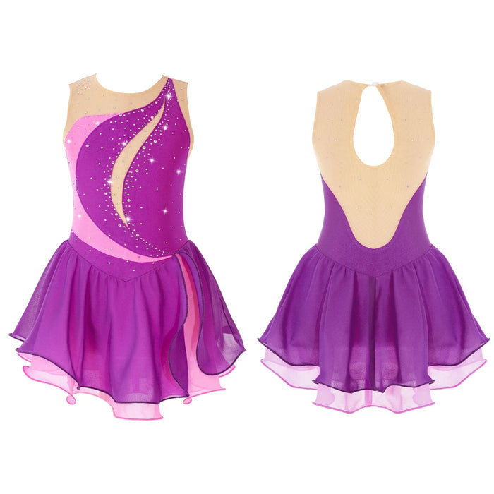 Figure Skating Dress for Kids Girls Performance Costumes Rhinestone Mesh Splice Ballet Dance Dresses Gymnastics Leotards