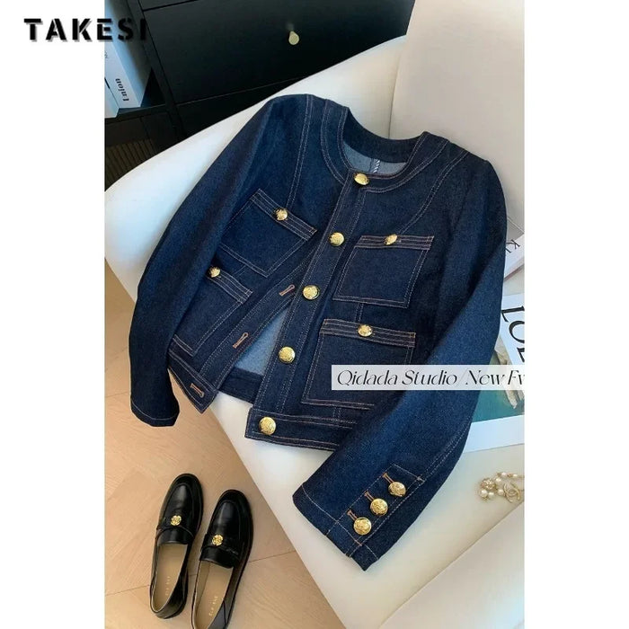 2024 Spring Winter Vintage Style Casual Blue Elegant Denim Jacket Women's Fashion Luxury Style Single Breatsed Loose Jean Coat