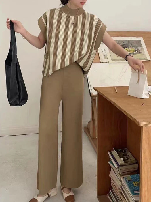 Elegant O-neck Side Slit Pullover Long Sleeve Sweater+wide Leg Pants 2 Piece Sets Womens Autumn Solid Color Casual Sweatshirts