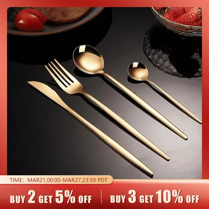24pcs Gold Dinnerware Set Stainless Steel Steak Knife Fork Coffee Spoon Teaspoon Flatware Dishwasher Safe Kitchen Tablewar