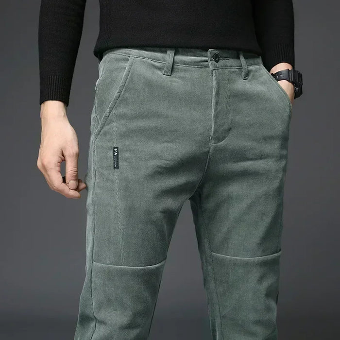 2023 New Winter Fleece Warm Corduroy Pants Men Business Fashion Slim Fit Stretch Thicken Gray Green Fluff Casual Trousers Male