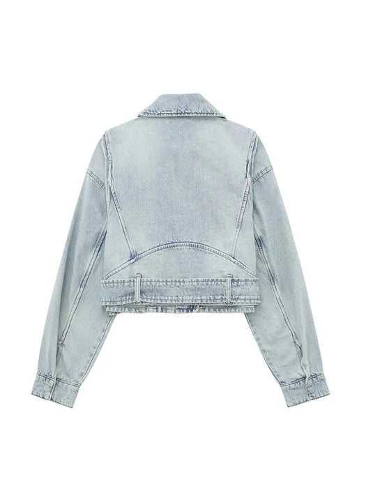 Nlzgmsj TRAF Women's Fashion Denim Biker Jacket Women Vintage Lapel Long Sleeve Zipper Belt Female Chic Coat