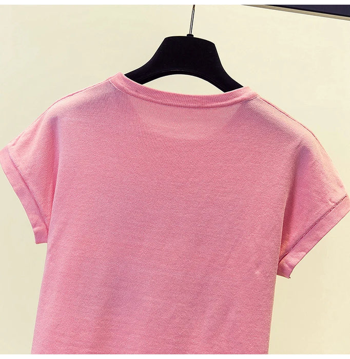 Summer Plus Size Women Pullover Sweater Thin Rib Knitted Female Letter Print Tops Oversize Jumper Short Sleeve Sueters De Mujer