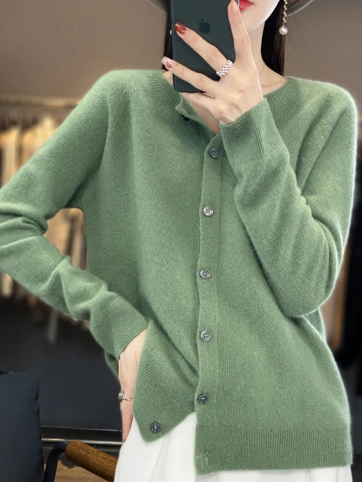 New Fashion Spring 100% Pure Merino Wool Womens O-neck Cardigan Cashmere Sweater 2024 Female Clothing Grace Knitwear Korean Tops