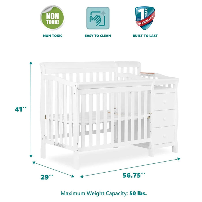 2023 New 4-in-1 Mini Convertible Crib and Changer in White,Non-Toxic Finish, New Zealand Pinewood