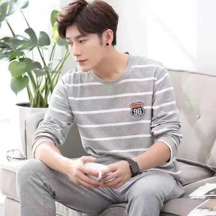 New Arrival Pajamas Men's Cotton Long-sleeved Striped Spring and Autumn Men's Teen Winter Homewear 2-Piece Suit