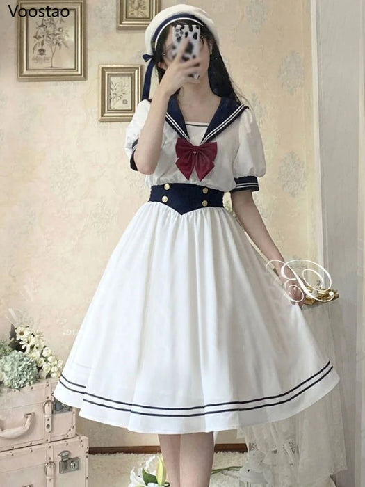 Japanese Soft Sister Cute Lolita Dress Women Sweet Puff Sleeve Slim Student Dresses Party Retro Girls Bow Salior Collar Vestidos