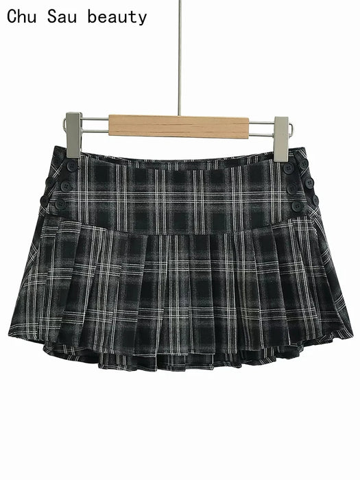 Chu Sau beauty 2024 Women New Fashion Preppy Style Plaid Printed Pleated Mini Skirt Hot Sweet Low Waist Sexy Super Short Skirts