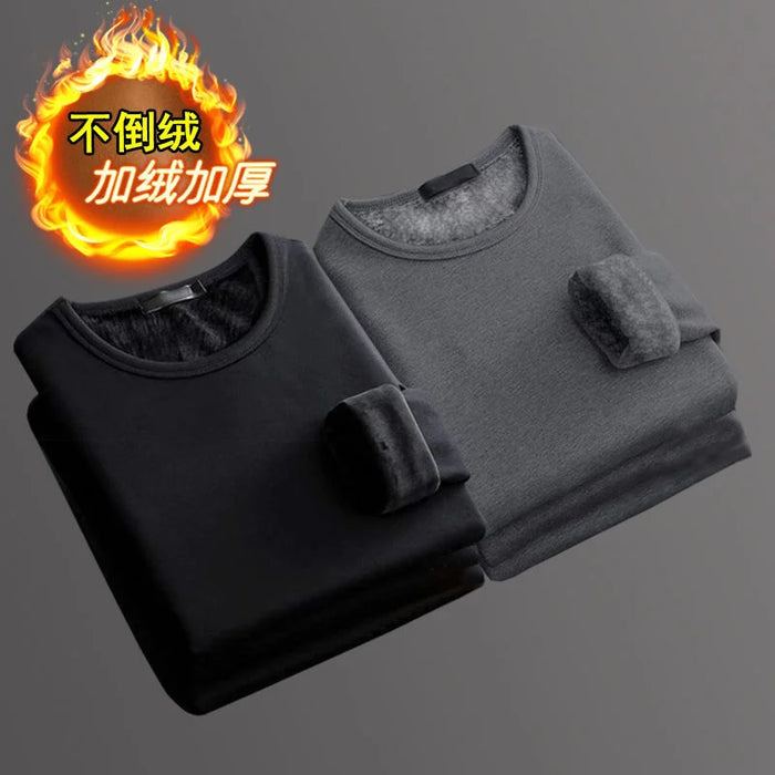 2Pcs Mens Underwear Winter Men's Long-sleeved Thermal Underwear Plus Velvet Padded T-shirt Round Neck Slim Bottoming Shirt
