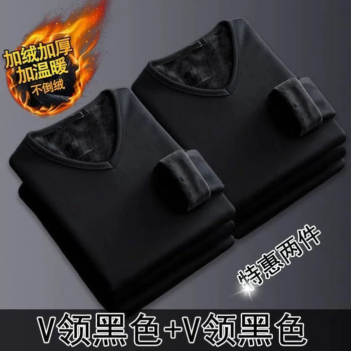 2Pcs Mens Underwear Winter Men's Long-sleeved Thermal Underwear Plus Velvet Padded T-shirt Round Neck Slim Bottoming Shirt