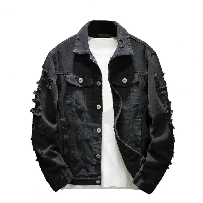 Men Jean Jacket Popular Men Jacket Ripped Hole Daily Wear Male Single Breasted Pockets Jacket