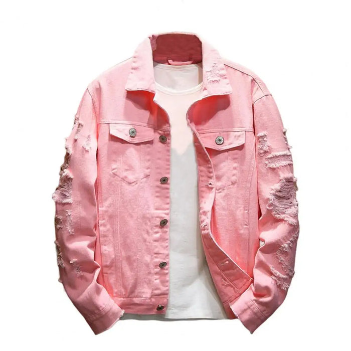 Men Jean Jacket Popular Men Jacket Ripped Hole Daily Wear Male Single Breasted Pockets Jacket