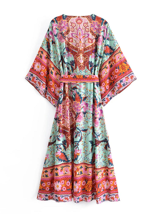 Vintage chic women red floral print bat sleeve beach Bohemian dresses Kimono  Ladies V neck sashes Boho maxi dress vestidos