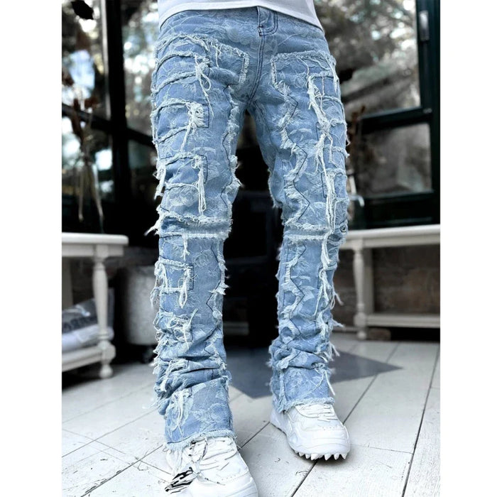 E15E Mens Stacked Jeans Fit Ripped Jeans Destroyed Straight Denims Pants Vintage Hip Hop Trouser Streetwear