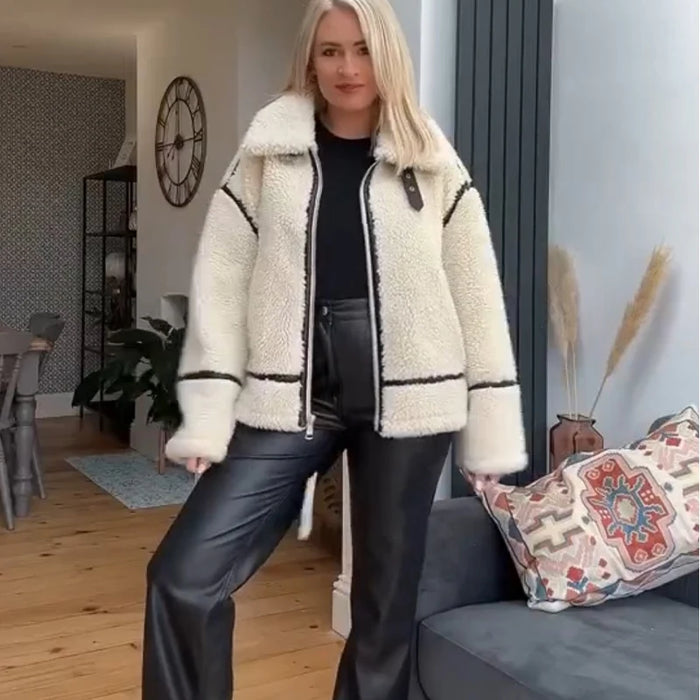 Fashion Patchwork Furry Jacket For Women Gentle Panelled Thick Warm Lambswool Fleece Coat New Fashion Zipper Pocket Lady Outwear