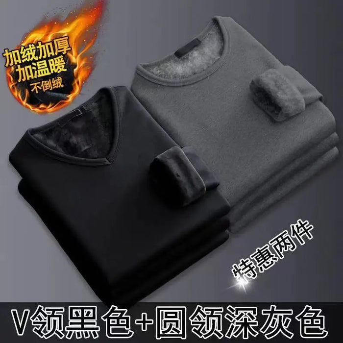 2Pcs Mens Underwear Winter Men's Long-sleeved Thermal Underwear Plus Velvet Padded T-shirt Round Neck Slim Bottoming Shirt