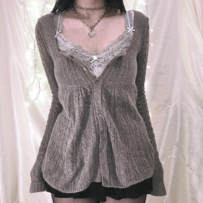 Coquette Grunge Y2K 00s Vintage Sweater Single Breasted Long Sleeve Cardigan 00s Aesthetic Kawaii Knitwear T-shirt Women Clothes