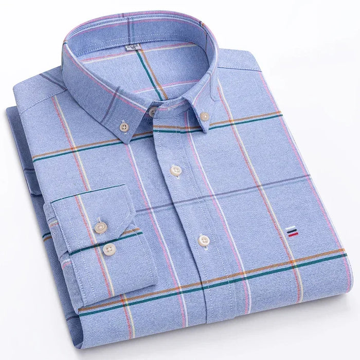 2023 Oxford Men Fashion 100% Cotton Thin Long Sleeve Casual Slim Solid Color Plaid Print Stripe Formal Dress Shirt Plus 7XL 6XL