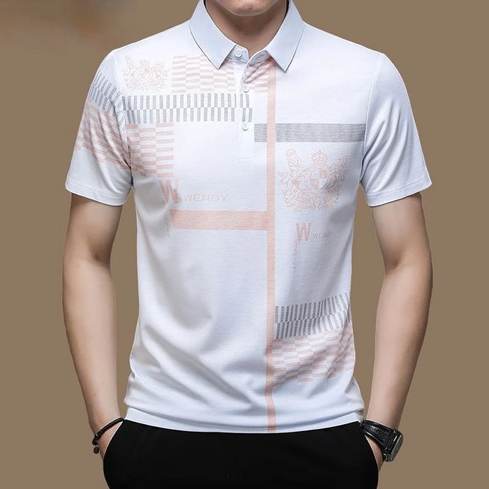 New Summer T Shirts for Men 2023 Short Sleeve Turn-down Collar Letter Printing Button Striped Polo Tees Fashion Pullover Tops