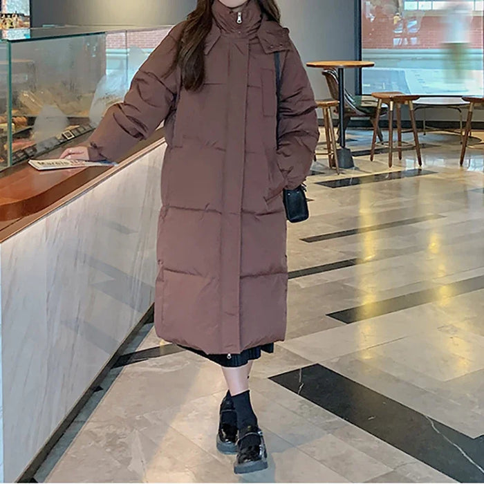 ITOOLIN Women Autumn Winter Button Pocket Casual Down Coat Thicken Cotton Warm Hooded Long Coat Long Sleeve Parkas Office Coat
