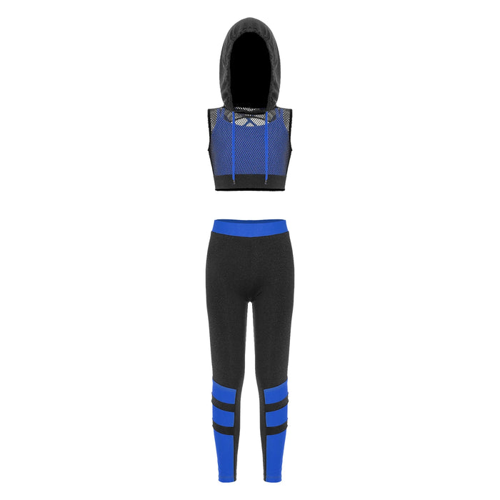 Girls Hip Hop Dance Sports Sets Kids Hooded Net Cover Up Crop Tops Vest And Pants Suit Fashion Jazz Modern Street Dance Costumes