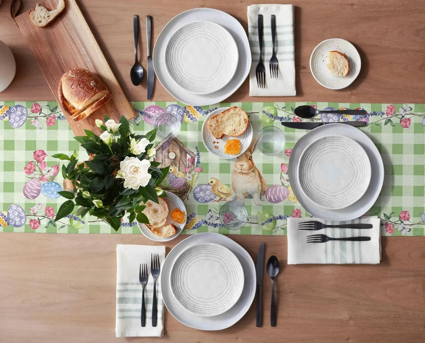 Easter Rabbit Colorful Eggs Flowers Green Plaid Linen Table Runners Washable Kitchen Dining Table Runners Wedding Decorations