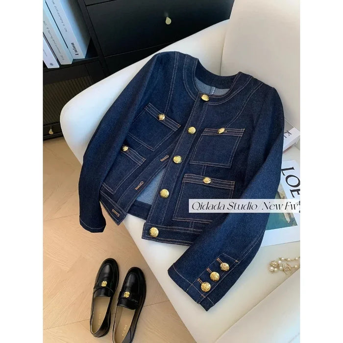 2024 Spring Winter Vintage Style Casual Blue Elegant Denim Jacket Women's Fashion Luxury Style Single Breatsed Loose Jean Coat