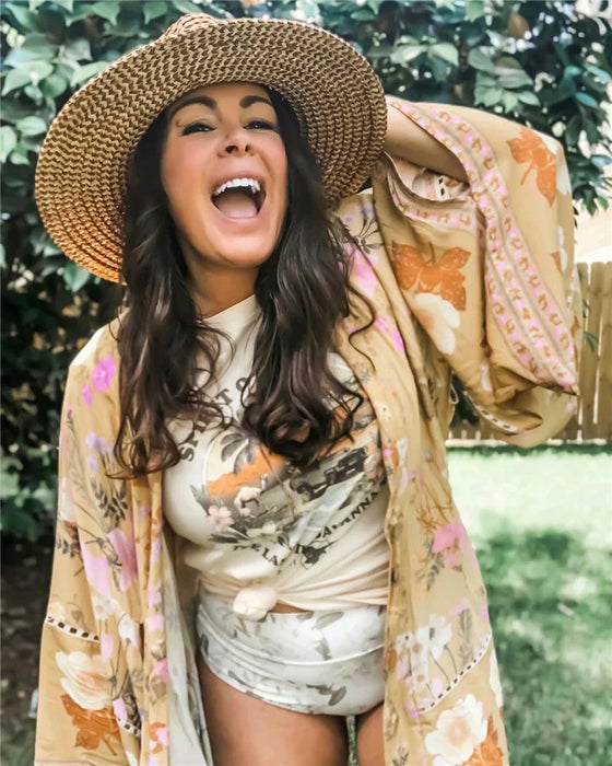 Happie Queens Women Floral Print Sashes Bat Sleeve Beach Bohemian Kimono Dresses Ladies V Neck  Summer Bikini Boho Cover-ups