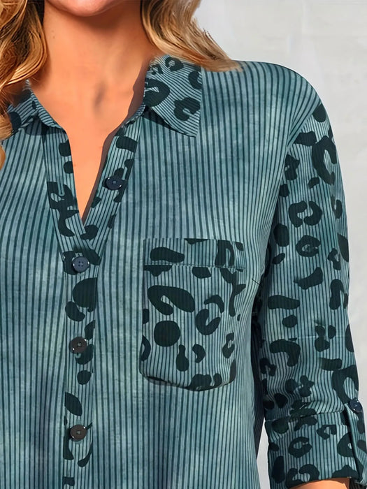 Plus Size Casual Blouse, Women's Plus Colorblock Leopard Print Ribbed Long Sleeve Button Up Lapel Collar Shirt